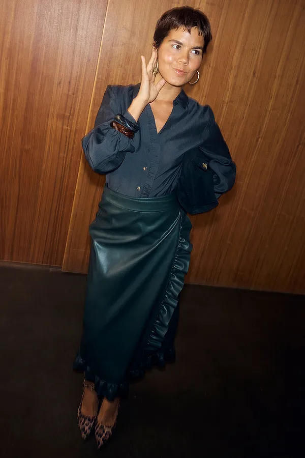 Never Fully Dressed Bottle Green Vegan Leather Ruffle Jaspre Skirt
