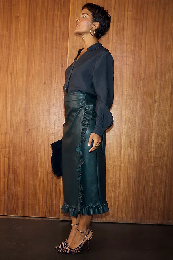never fully dressed Bottle Green Vegan Leather Ruffle Jaspre Skirt