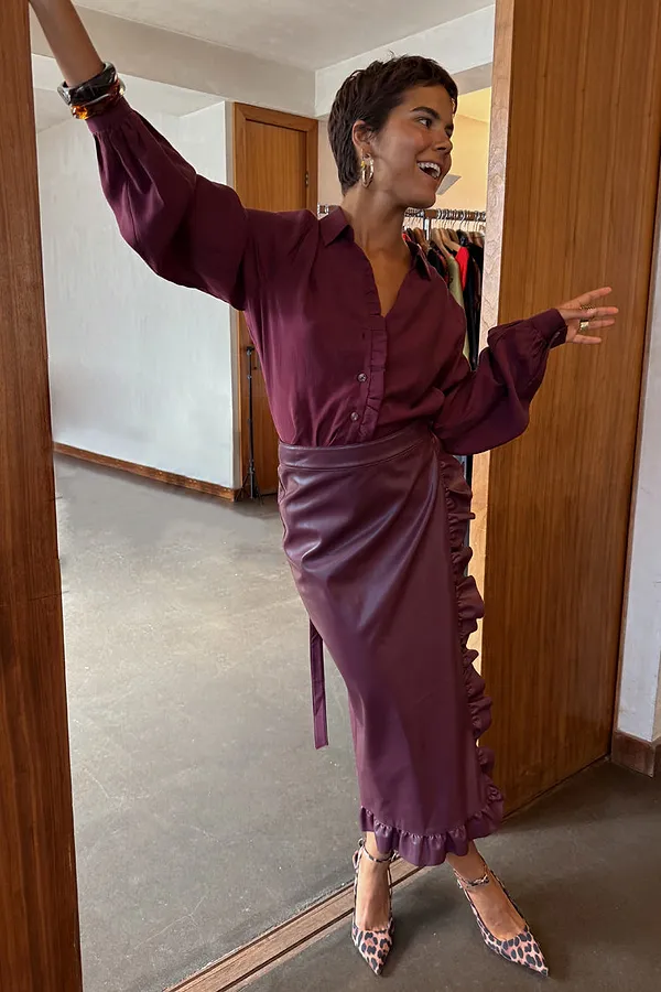 Never Fully Dressed Burgundy Vegan Leather Ruffle Jaspre Skirt
