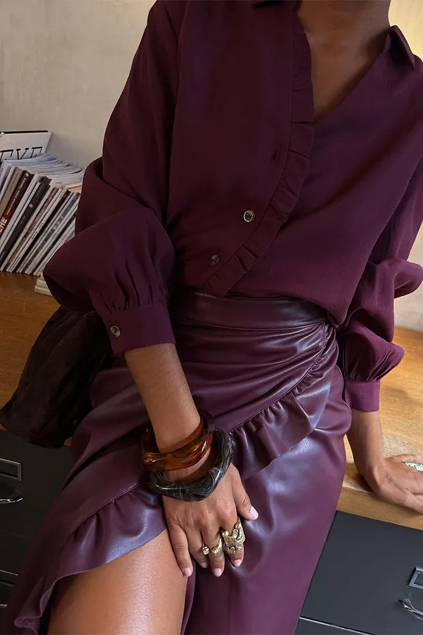 Never Fully Dressed Burgundy Vegan Leather Ruffle Jaspre Skirt