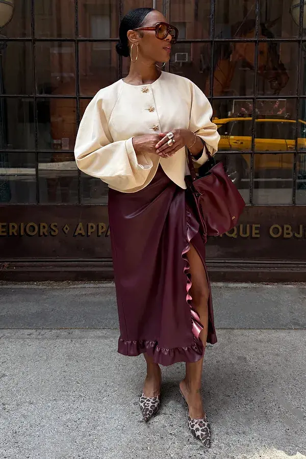 never fully dressed Burgundy Vegan Leather Ruffle Jaspre Skirt