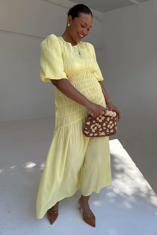 Never Fully Dressed Butter Yellow Shirred Nara Dress