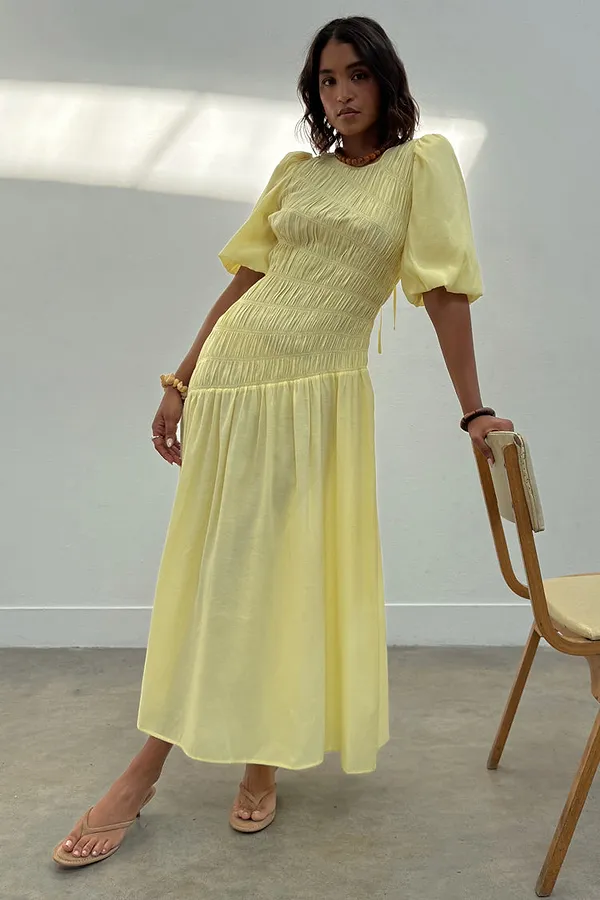 Never Fully Dressed Butter Yellow Shirred Nara Dress