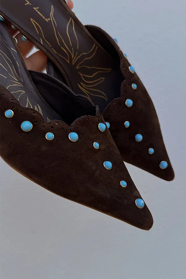 Never Fully Dressed Chocolate Suede Mules With Turquoise Studs