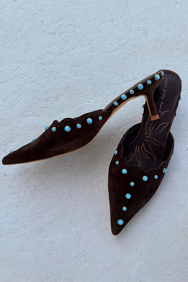 Never Fully Dressed Chocolate Suede Mules With Turquoise Studs