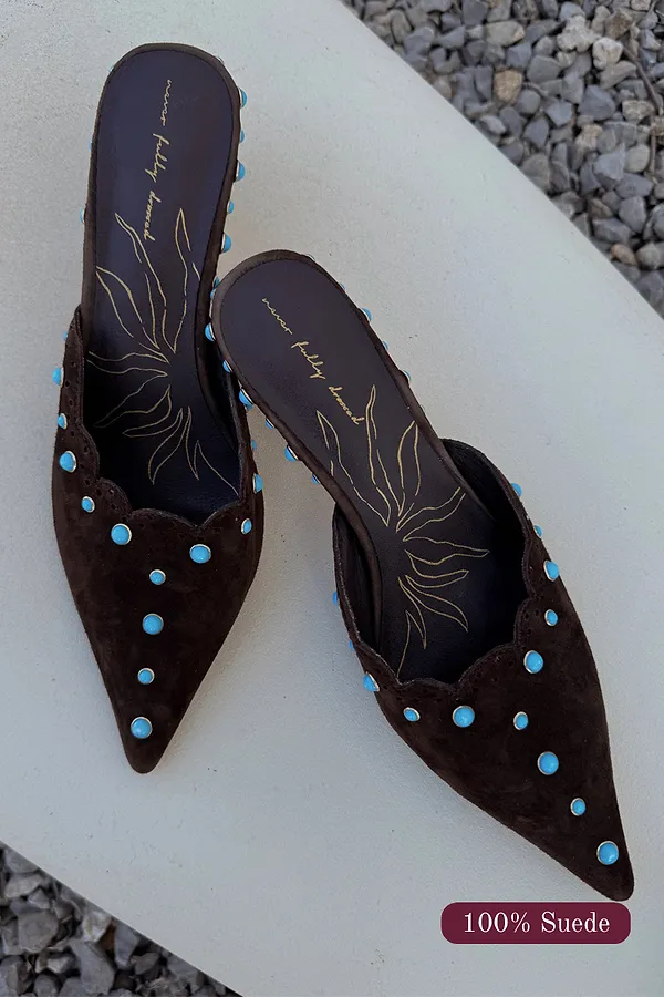 never fully dressed Chocolate Suede Mules with Turquoise Studs