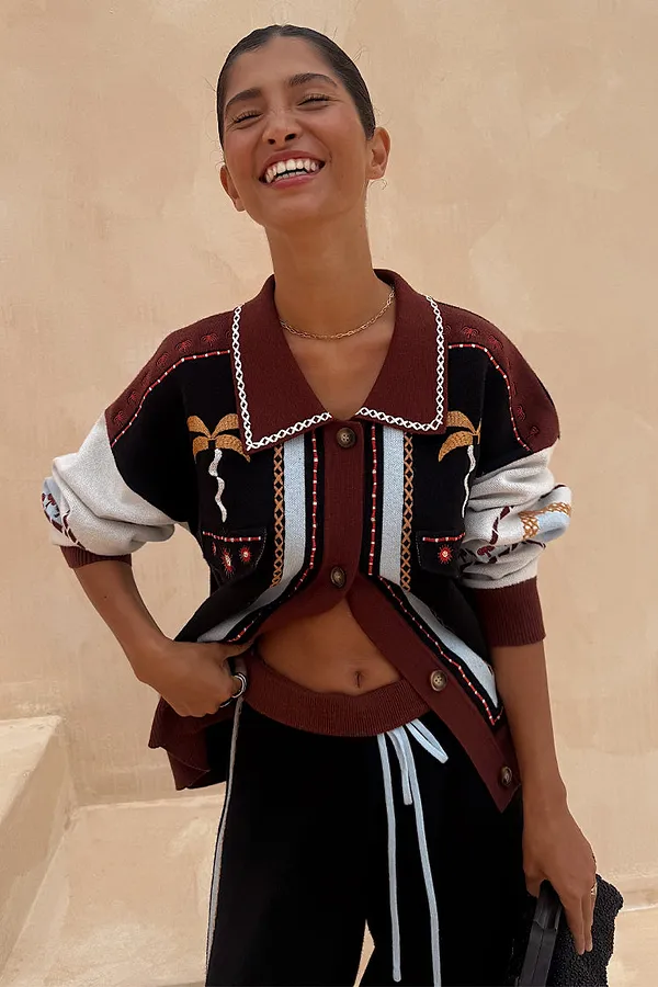 never fully dressed Geometric Knit Cardigan with Embroidery Detail