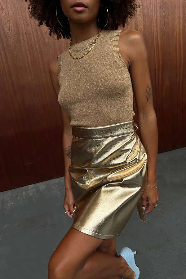Never Fully Dressed Gold Vegan Leather Mini Wrap Skirt