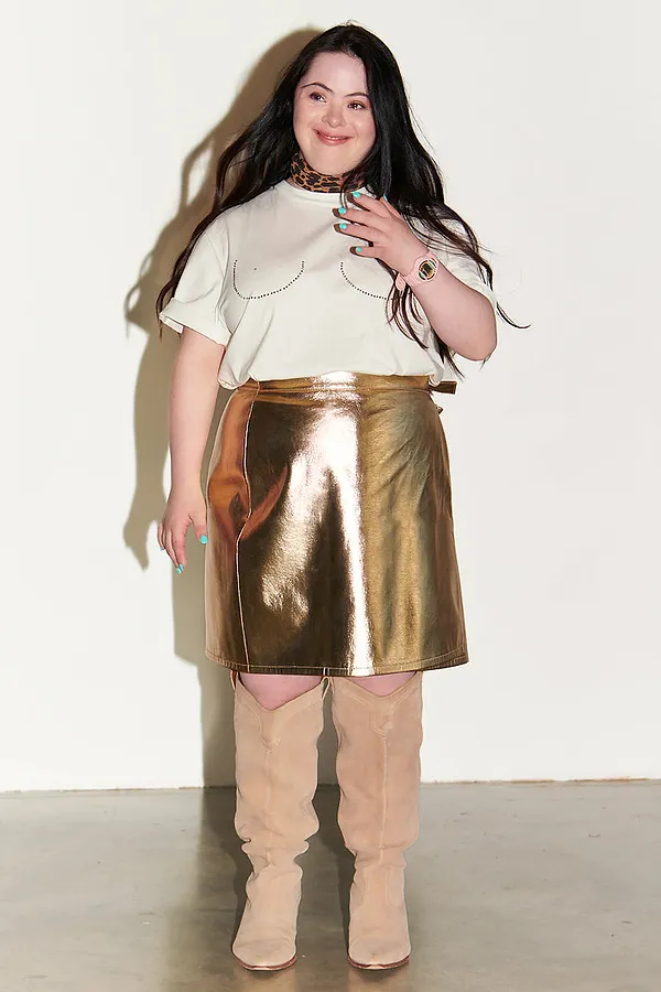 Never Fully Dressed Gold Vegan Leather Mini Wrap Skirt