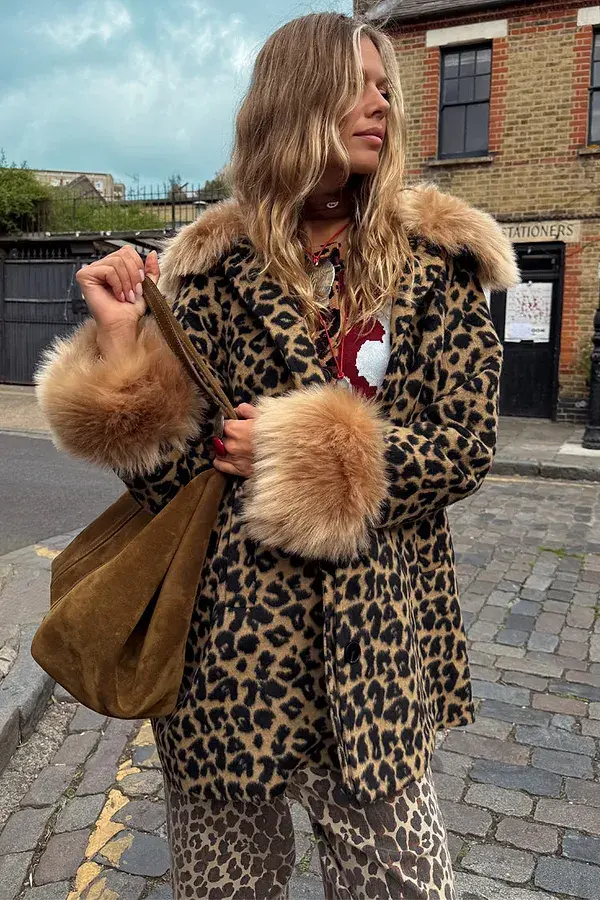 Never Fully Dressed Leopard Coat With Faux Fur Trims