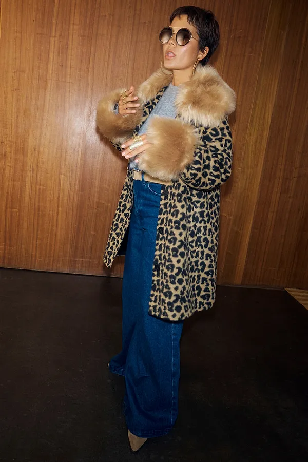 Never Fully Dressed Leopard Coat With Faux Fur Trims