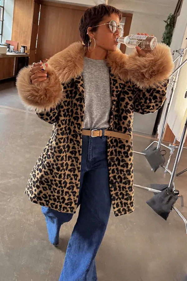 never fully dressed Leopard Coat with Faux Fur Trims