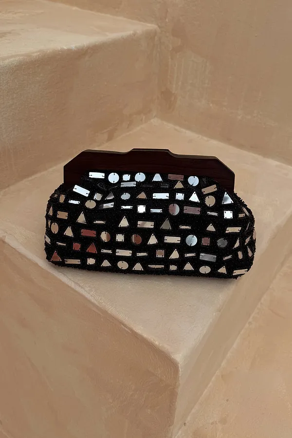 Never Fully Dressed Black Beaded Mirror Bag