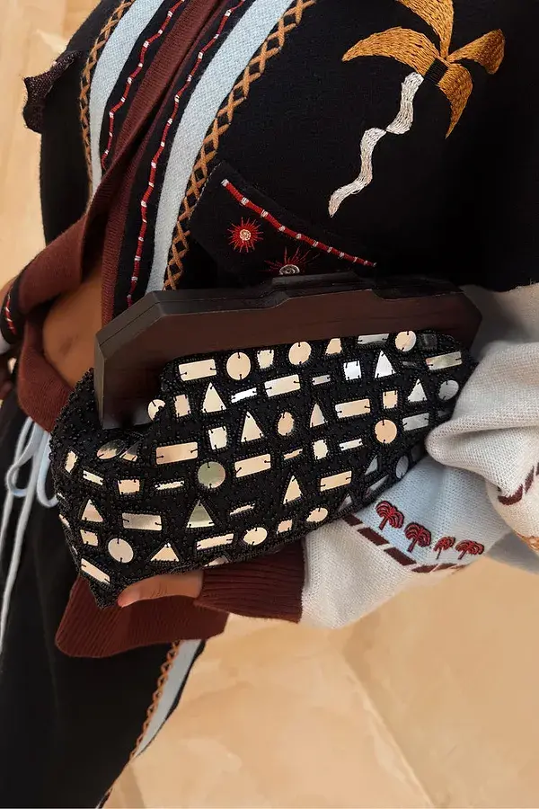 Never Fully Dressed Black Beaded Mirror Bag