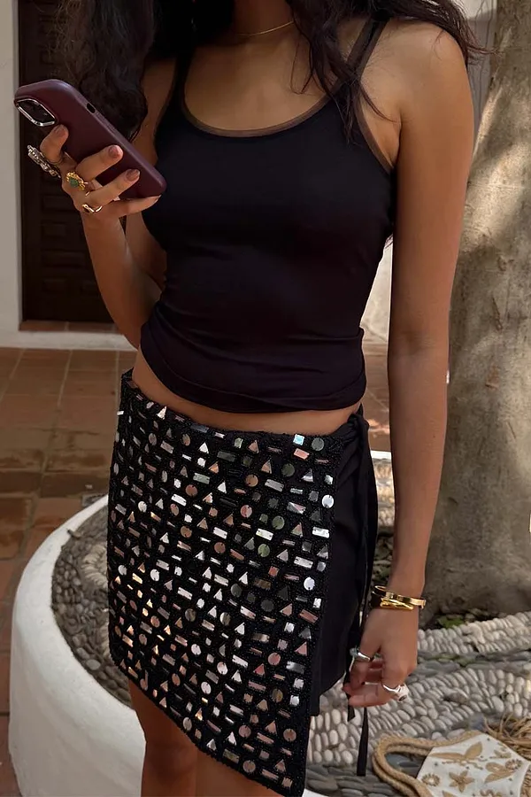 Never Fully Dressed Black Beaded Mirror Skirt