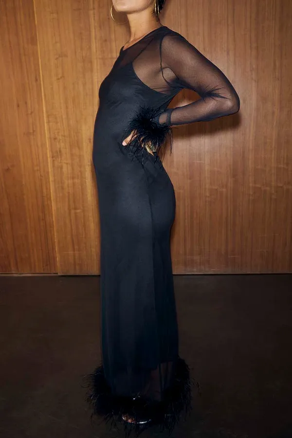 Never Fully Dressed Black Mesh Feather Trim Dress