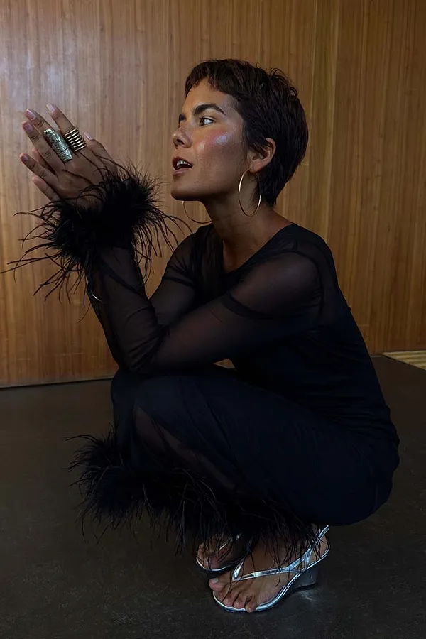 Never Fully Dressed Black Mesh Feather Trim Dress