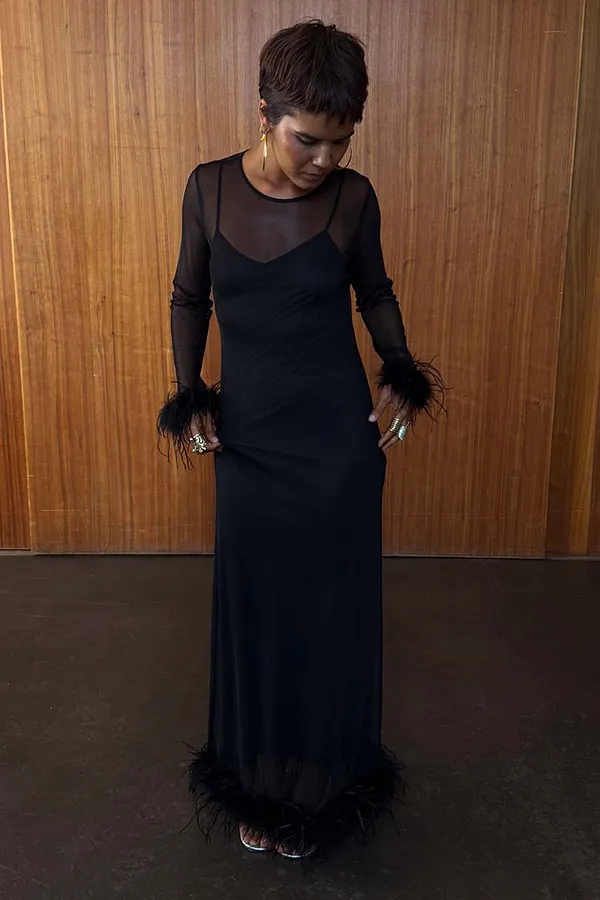 Never Fully Dressed Black Mesh Feather Trim Dress