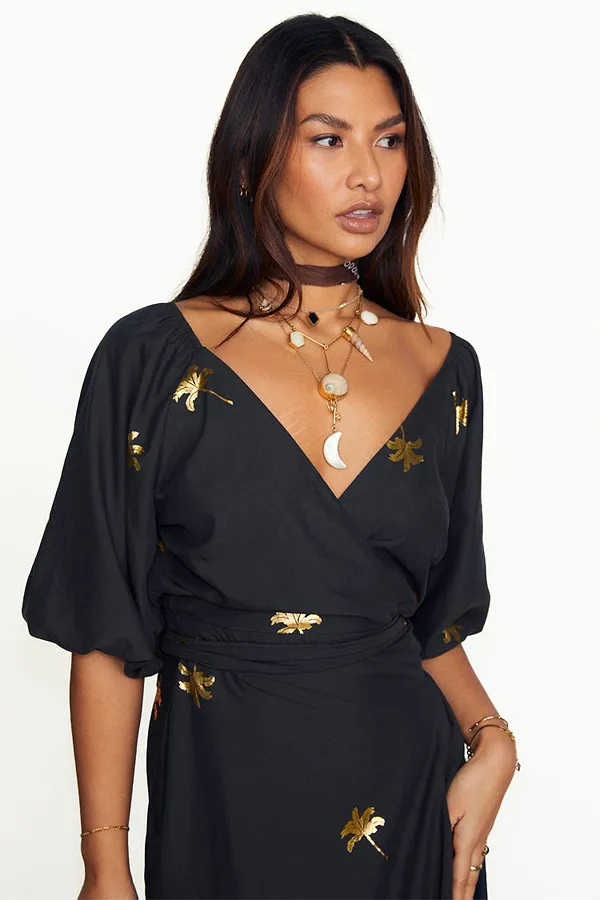 Never Fully Dressed Black Palm Camilla Wrap Dress