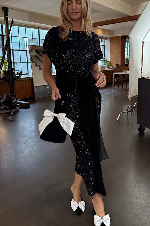 Never Fully Dressed Black Sequin Bow Dress