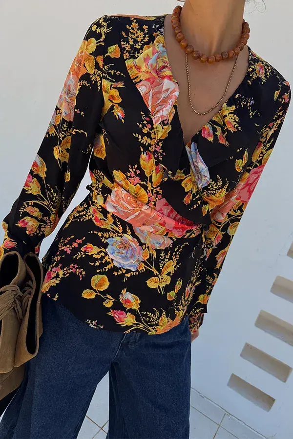 Never Fully Dressed Black Sofia Floral Wrap Top
