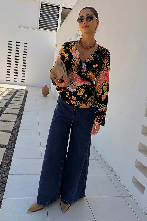 Never Fully Dressed Black Sofia Floral Wrap Top