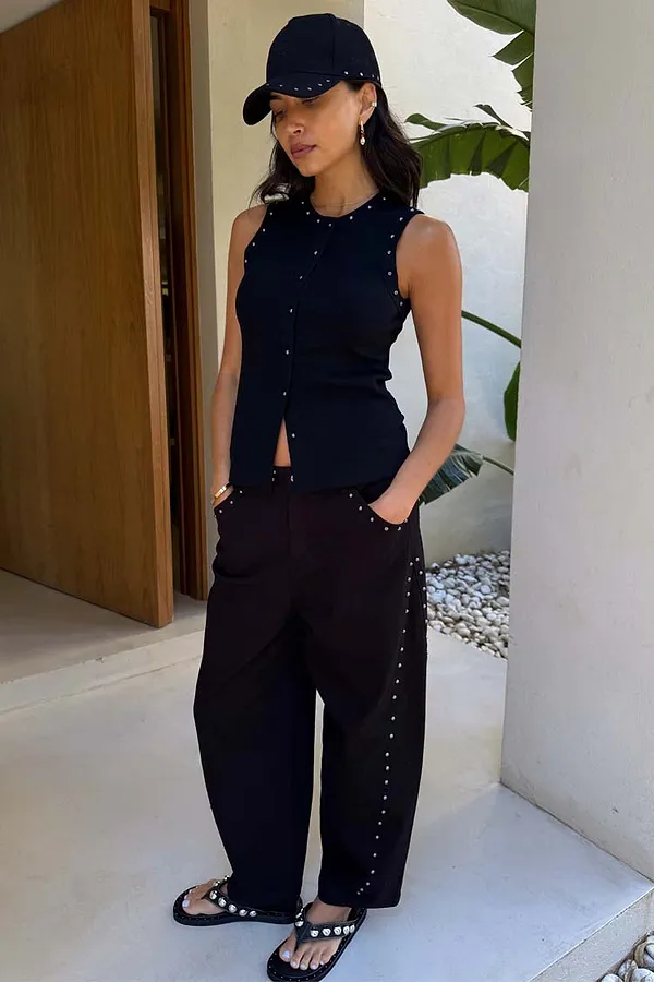 Never Fully Dressed Black Studded Button Tank