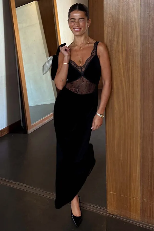 never fully dressed Black Velvet Lace Insert Dress