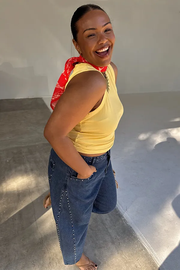 Never Fully Dressed Blue Studded Barrel Jeans