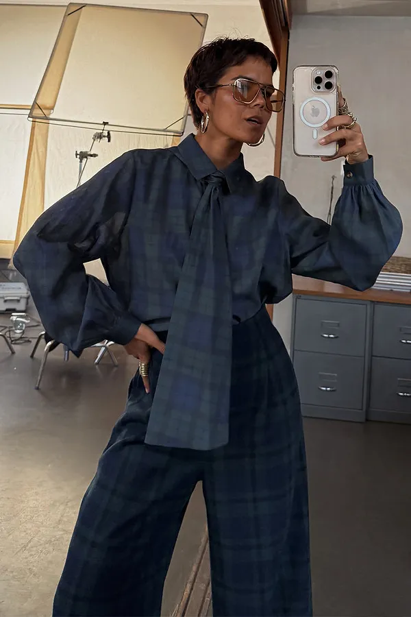 Never Fully Dressed Blue Tartan Shirt With Bow