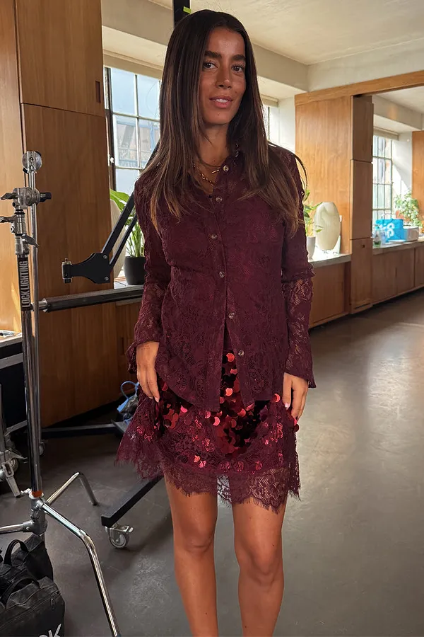 Never Fully Dressed Burgundy Lace Shirt