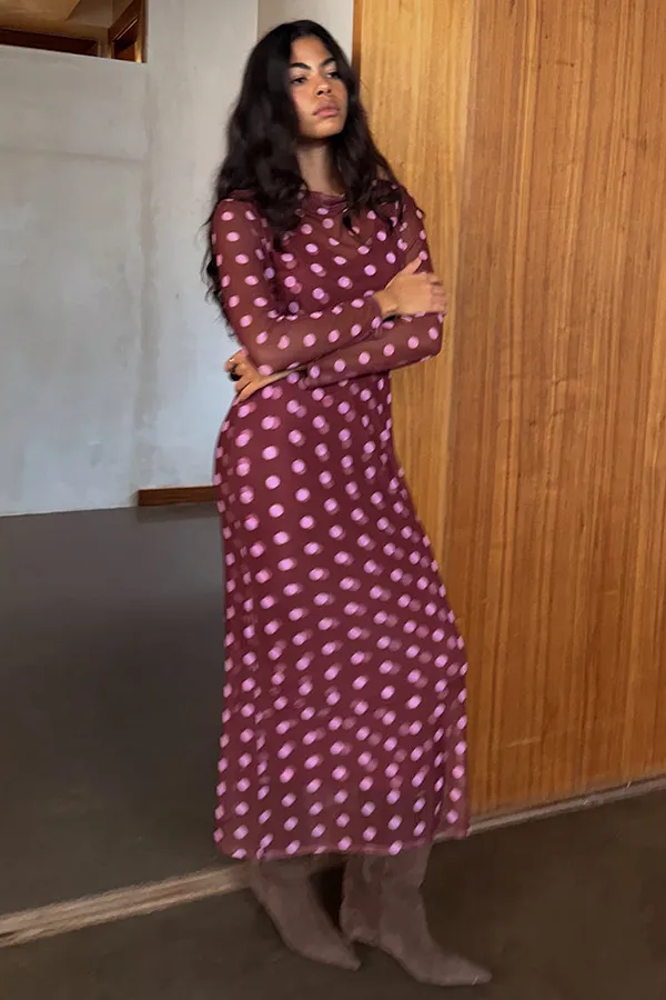 Never Fully Dressed Burgundy Polka Dot Mesh Dress