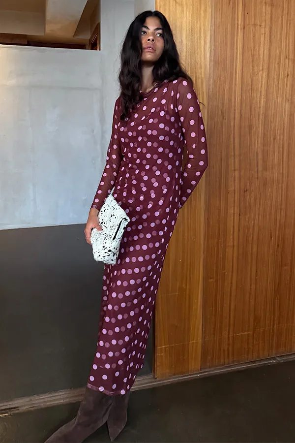 Never Fully Dressed Burgundy Polka Dot Mesh Dress