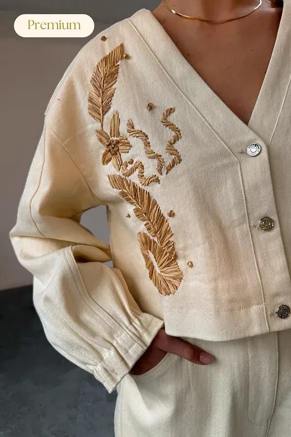 Never Fully Dressed Ecru Cove Raffia Denim Jacket