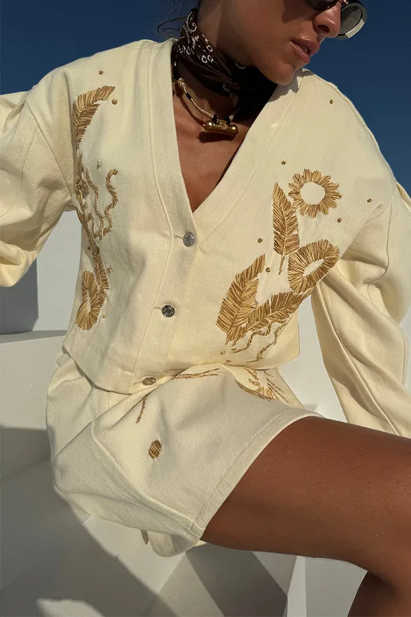 Never Fully Dressed Ecru Cove Raffia Denim Jacket