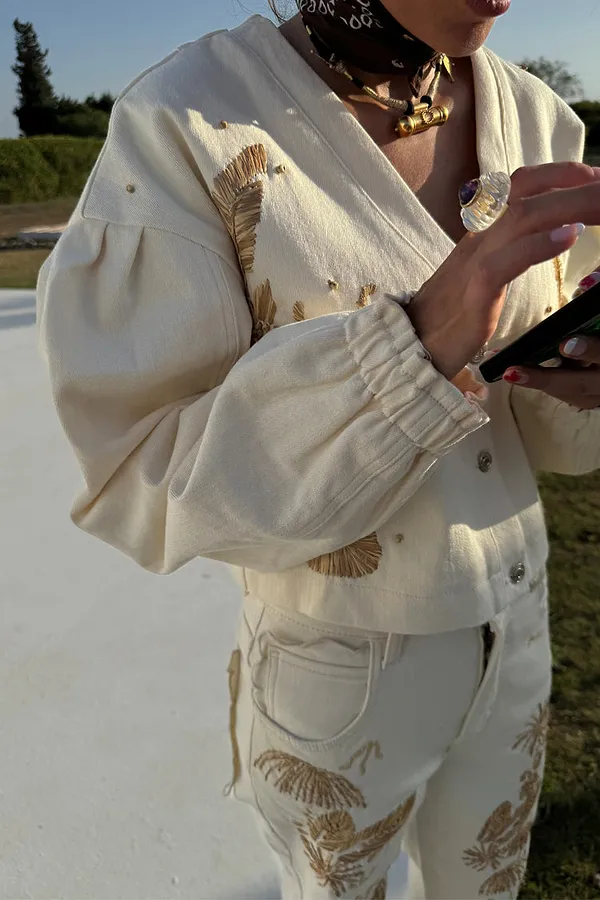 Never Fully Dressed Ecru Cove Raffia Denim Jacket