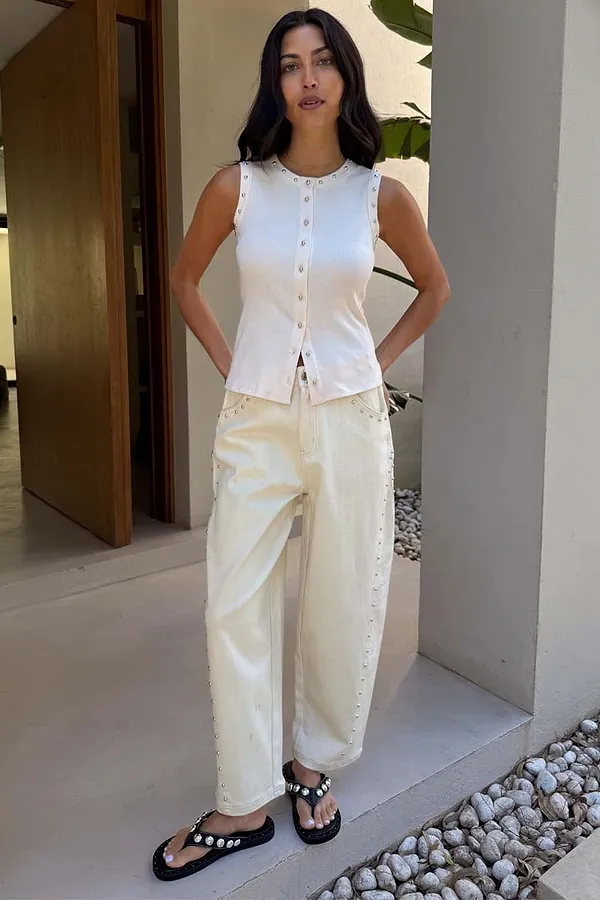 Never Fully Dressed Ecru Studded Button Tank