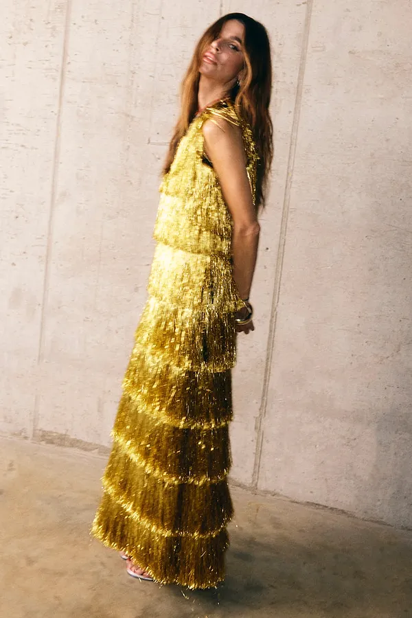 Never Fully Dressed Gold Fringe Dress
