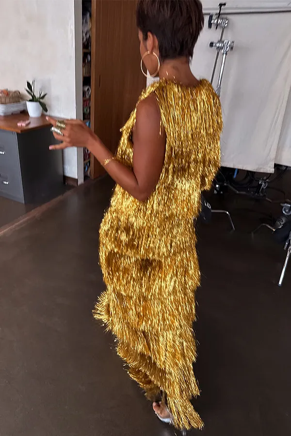 Never Fully Dressed Gold Fringe Dress