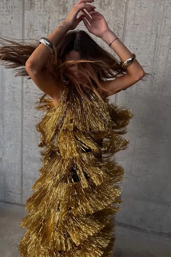 Never Fully Dressed Gold Fringe Dress