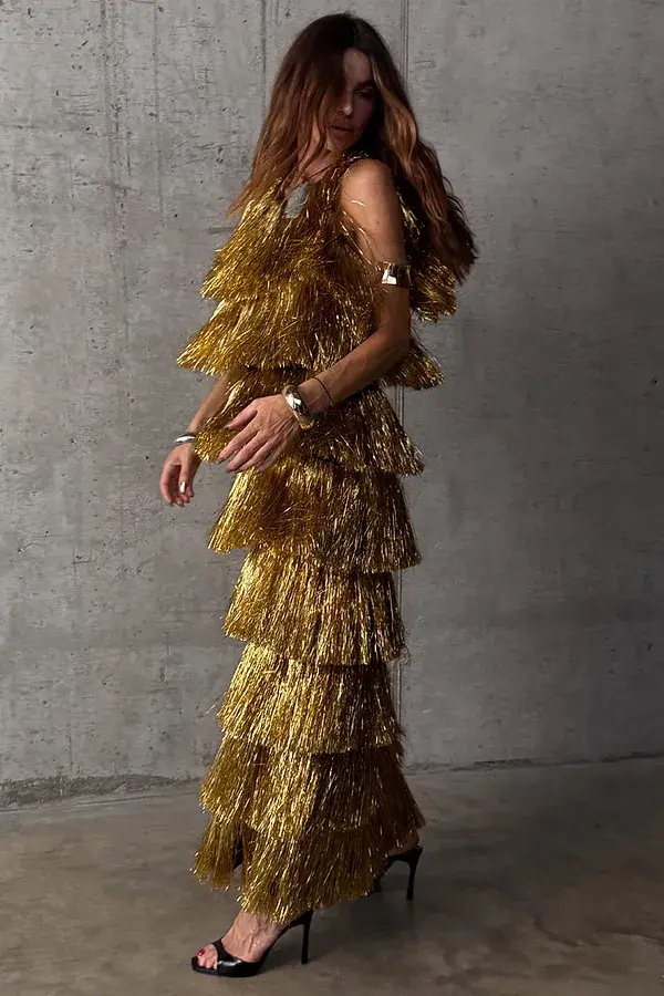 never fully dressed Gold Fringe Dress