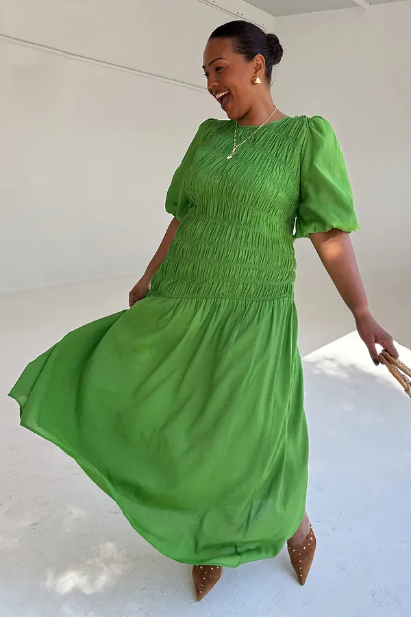 Never Fully Dressed Green Shirred Nara Dress