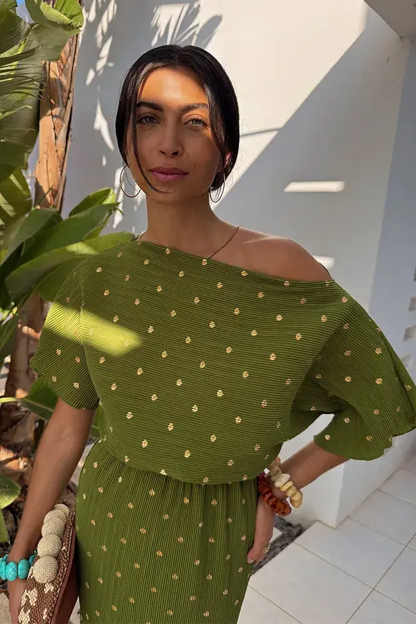 Never Fully Dressed Khaki Plisse Tilly Dress