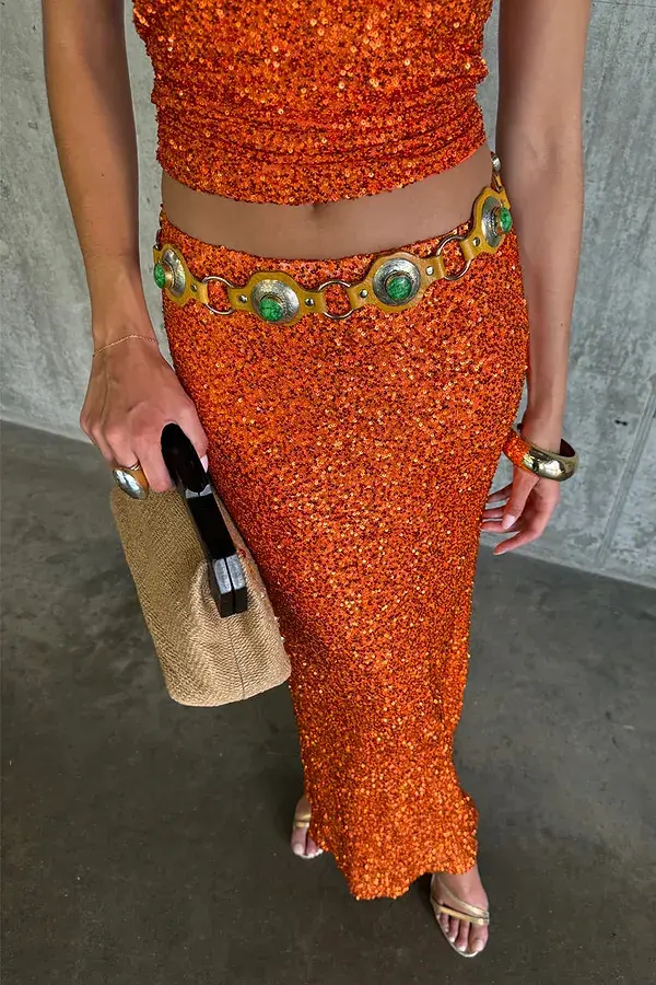never fully dressed Orange Sequin Dorris Skirt