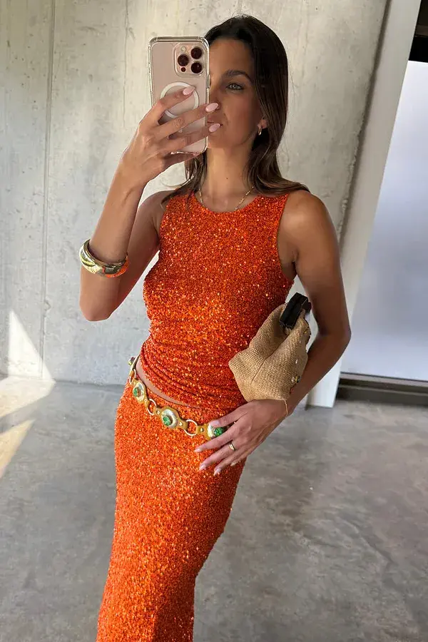Never Fully Dressed Orange Sequin Tank Top