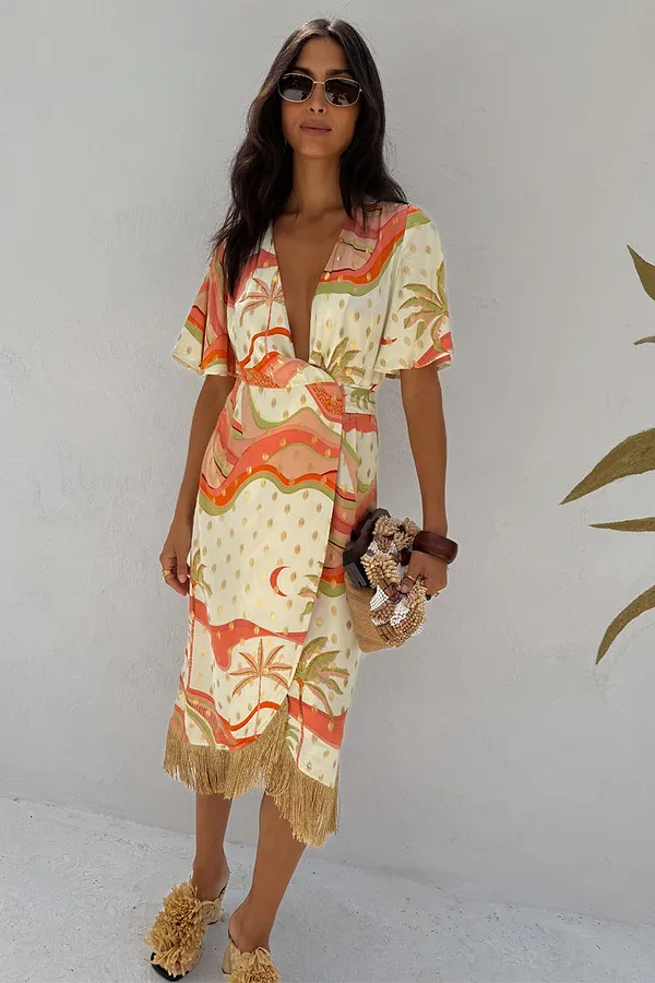 Never Fully Dressed Pastel Palm Ceryes Wrap Dress