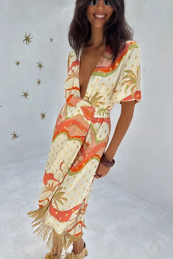Never Fully Dressed Pastel Palm Ceryes Wrap Dress
