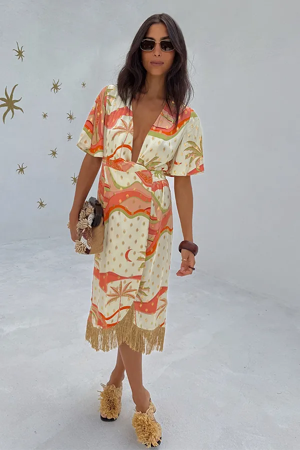 Never Fully Dressed Pastel Palm Ceryes Wrap Dress