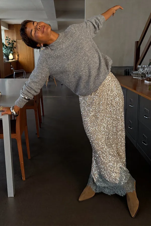Never Fully Dressed Silver Sequin Midi Maeva Skirt