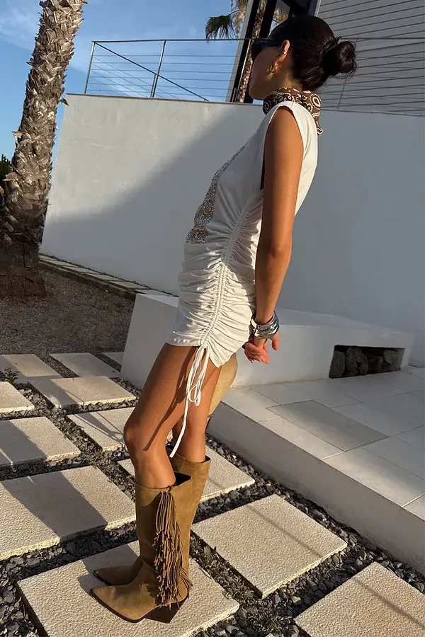 Never Fully Dressed White Sequin Ruched Dress